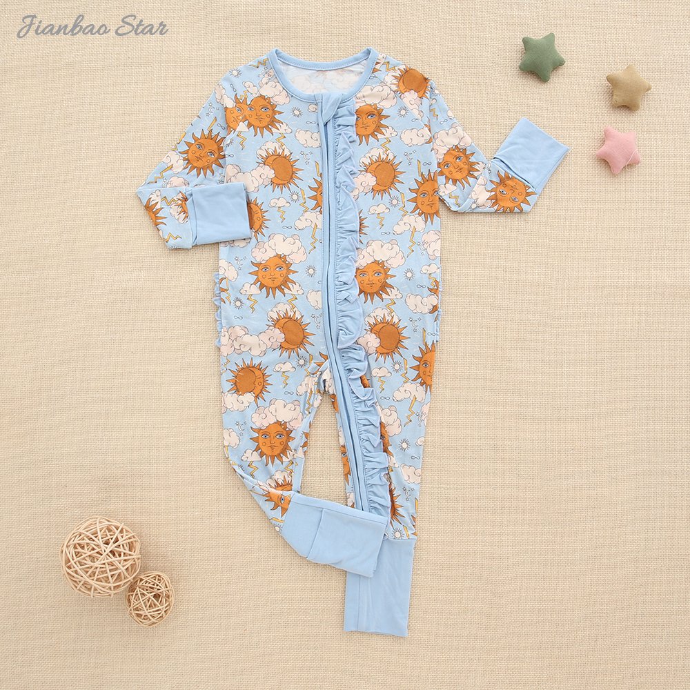 New soft Baby clothing Baby Boys Girls Jumpsuit Bamboo Viscose Spandex Custom Printed Sleepsuit Baby Ruffle Zipper Romper