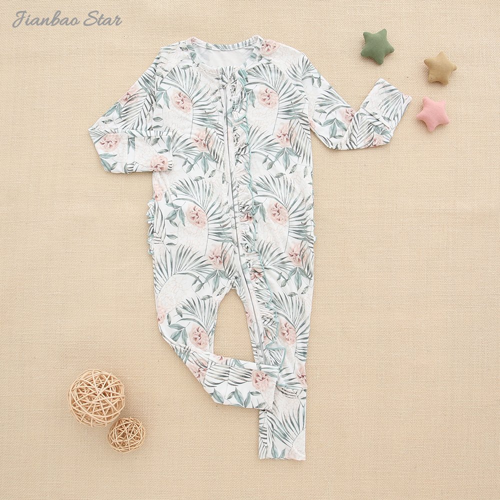 New soft Baby clothing Baby Boys Girls Jumpsuit Bamboo Viscose Spandex Custom Printed Sleepsuit Baby Ruffle Zipper Romper