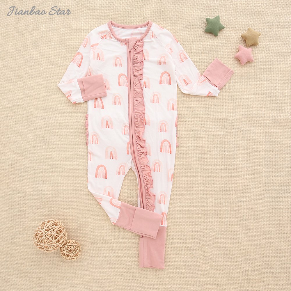 New soft Baby clothing Baby Boys Girls Jumpsuit Bamboo Viscose Spandex Custom Printed Sleepsuit Baby Ruffle Zipper Romper