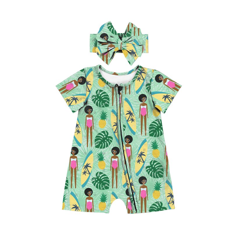 custom prints Flower & Leopard Print Zipper Jumpsuit Shorts Ribbed Romper Baby Custom Fabric Summer Girl Clothes baby romper