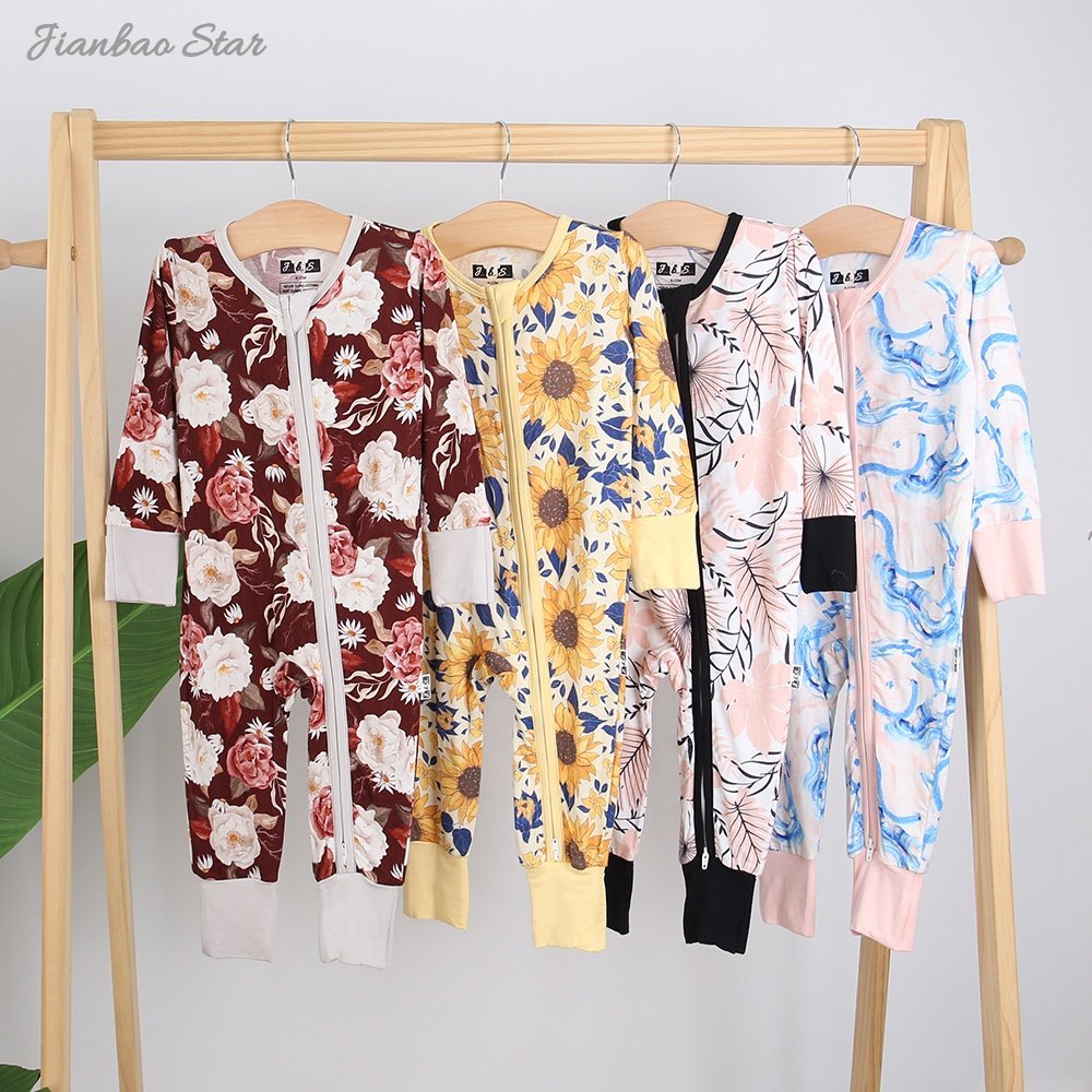 Wholesale Two way Zipper Baby Romper Bamboo Spandex Cotton Soft Fabric Long Sleeve Custom Printing Infants Sleeper Baby Rompers