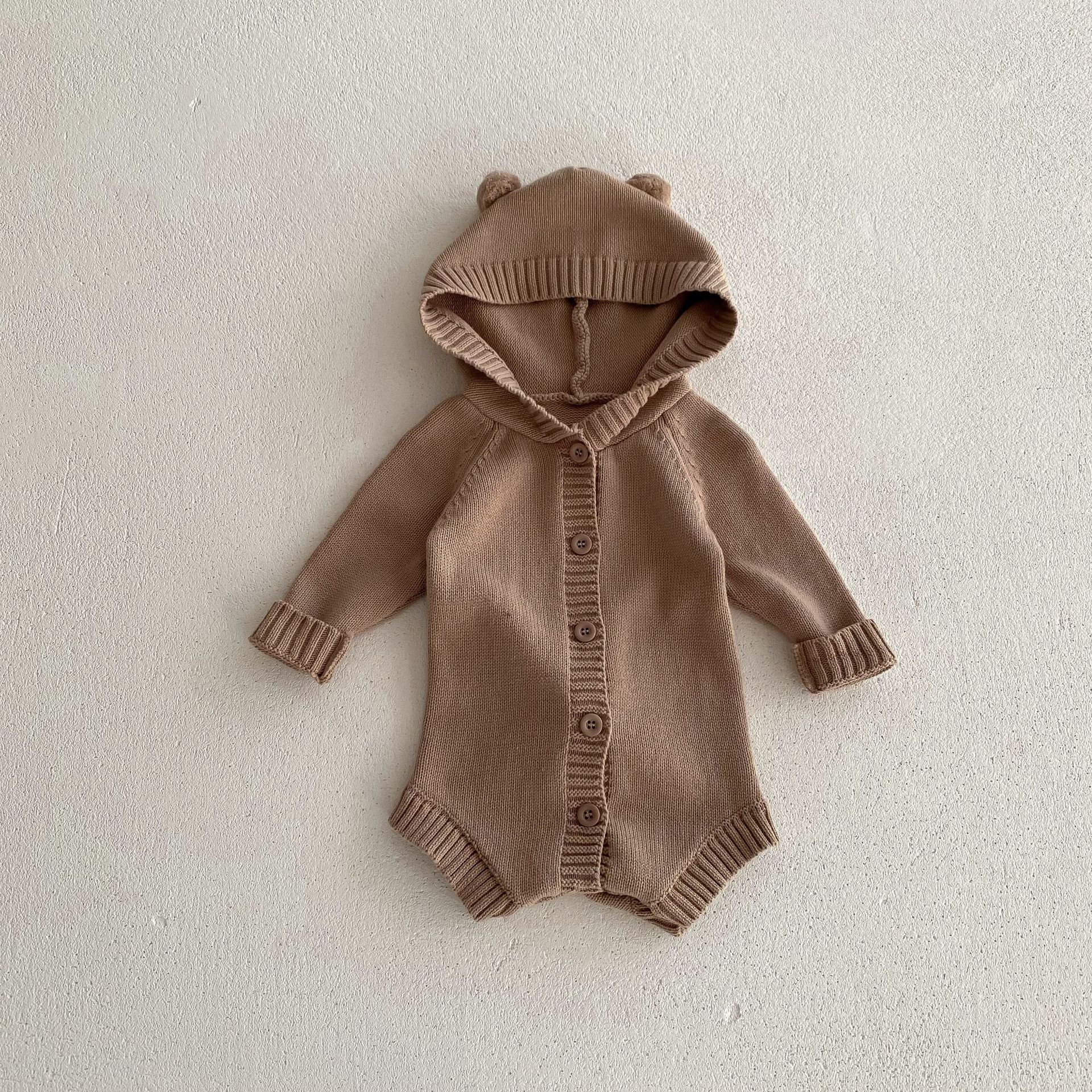 Infant baby ins autumn and winter new knitted hooded baby romper 2024 sweater crawling clothes