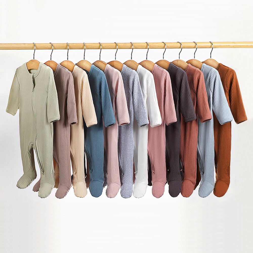 Wholesale Manufacturer Ribbed Organic Cotton Zipper Plain 12 Colors Foot Wrap Winter Bodysuit Newborn Pajamas Baby Rompers