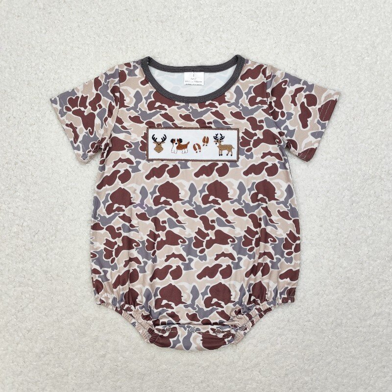 RTS Baby Newborn Infants Boys Brown Duck Call Camo Embroidery Summer Buttons Boutique Brother Sibling Sleepers Rompers
