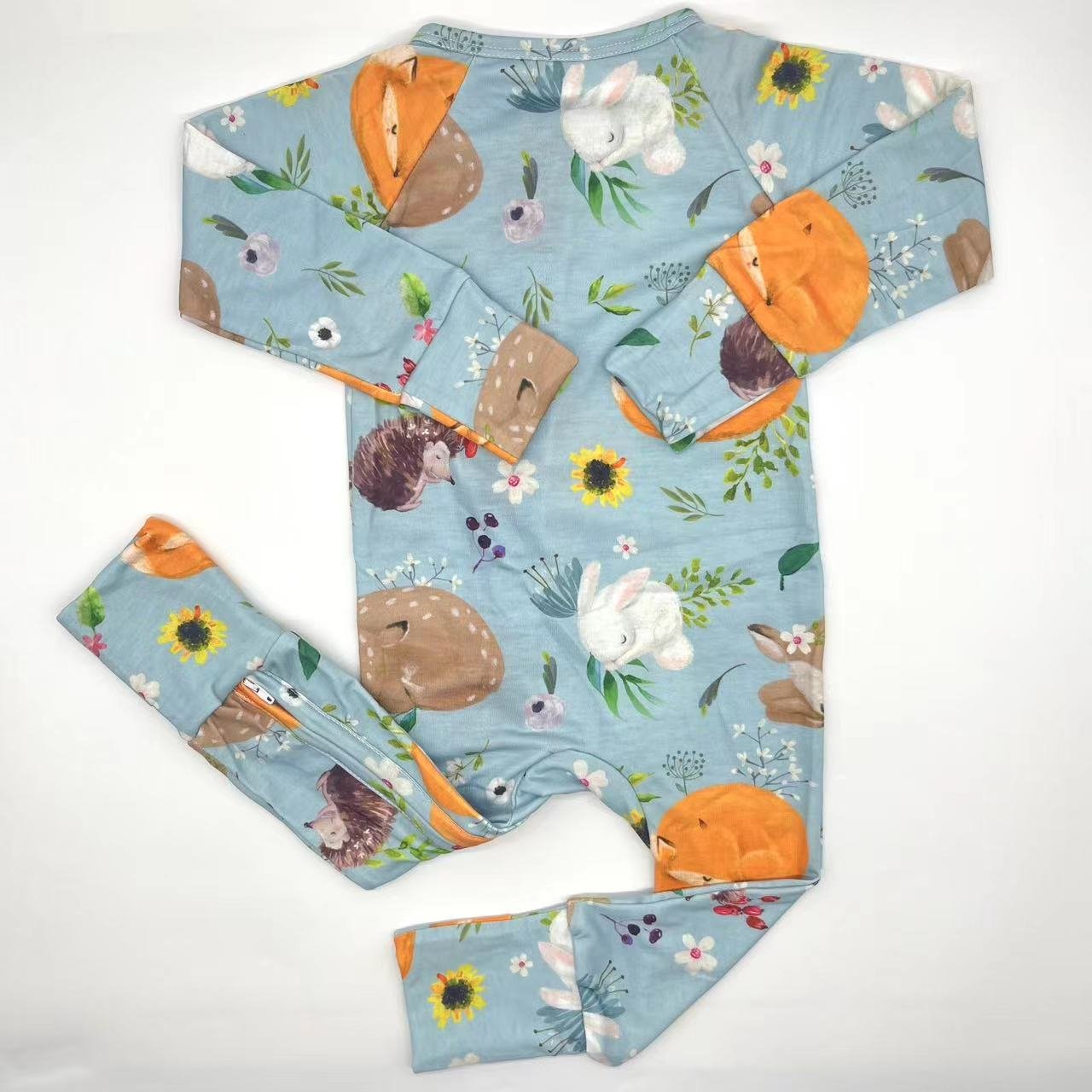 Hot Sale Custom Polyester Spandex Bamboo Zipper Toddler Jumpsuit Floral BunnyPrinting Baby Rompers with Double Zipper