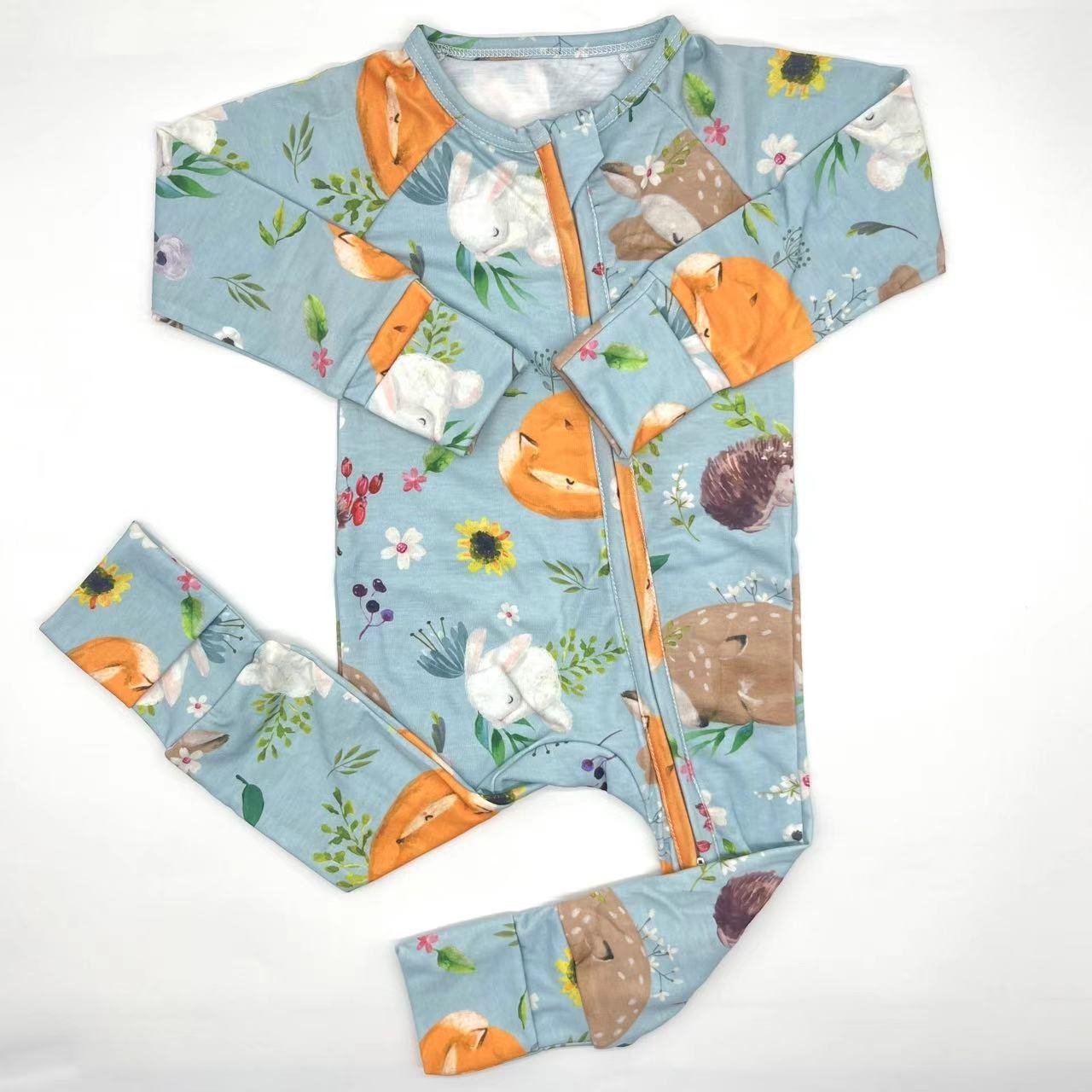 Hot Sale Custom Polyester Spandex Bamboo Zipper Toddler Jumpsuit Floral BunnyPrinting Baby Rompers with Double Zipper