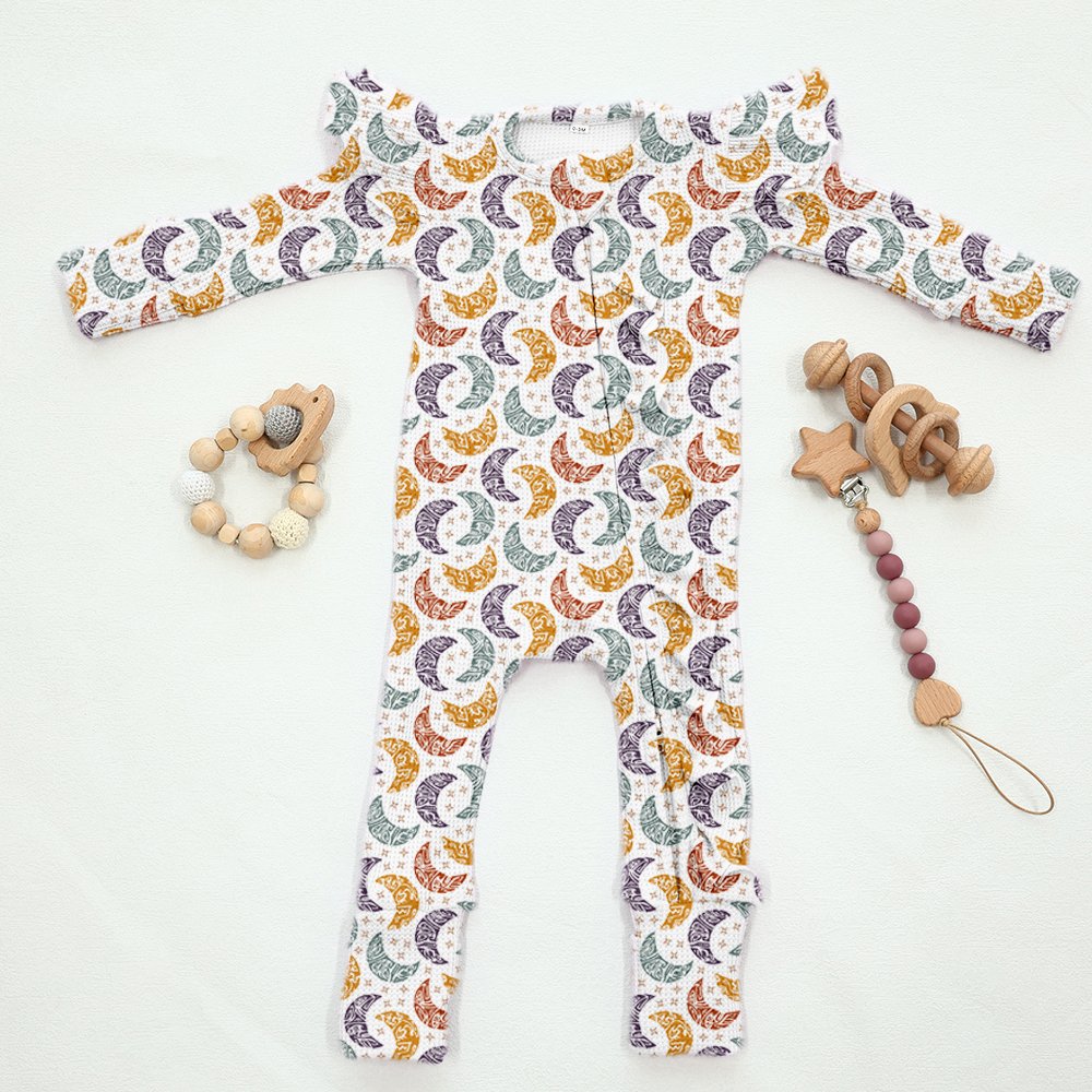 Wholesale custom print eco friendly long-sleeve organic cotton zip infant bodysuit suit one piece baby romper