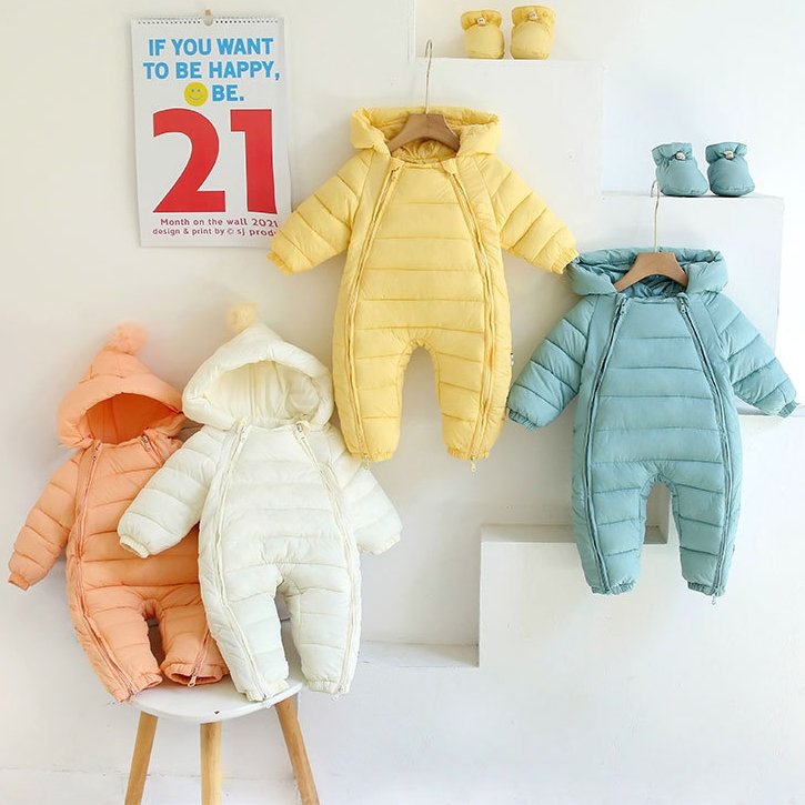 New Winter Baby Solid Color Onesie Newborn Baby Rompers Double Zippers Thick Warm Baby Down Jacket