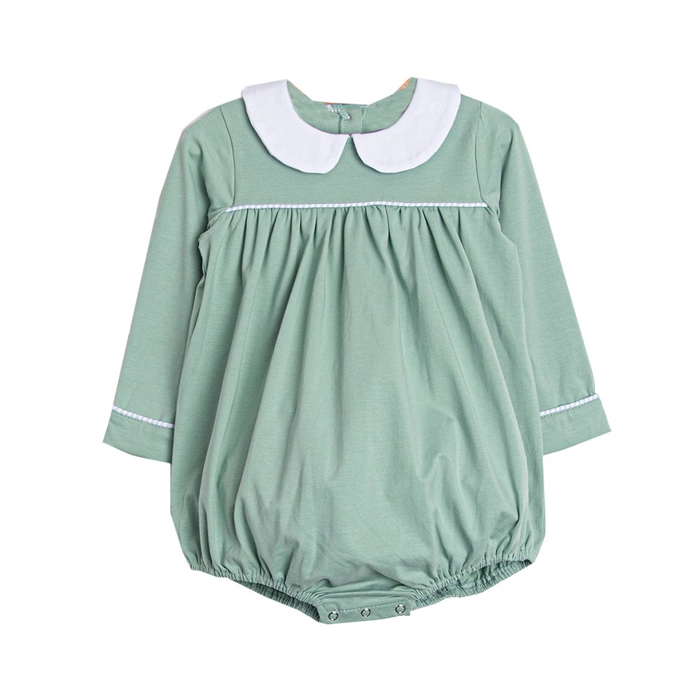 Personalized sage green 100%combed cotton collared baby rompers bubble wholesale winter toddler new born babies boys clothes