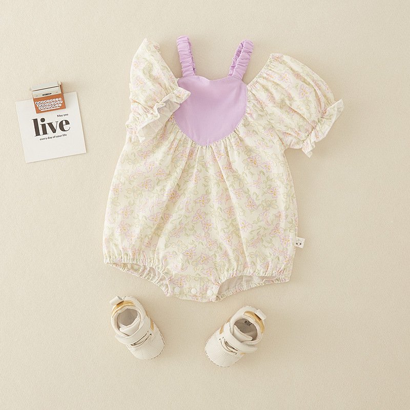 Wholesale 2024 Summer Baby Clothing Sweet Style Floral Halter Short Sleeve Cotton Baby Rompers