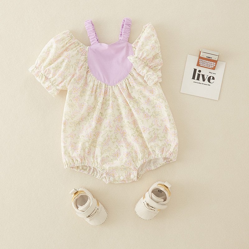 Wholesale 2024 Summer Baby Clothing Sweet Style Floral Halter Short Sleeve Cotton Baby Rompers