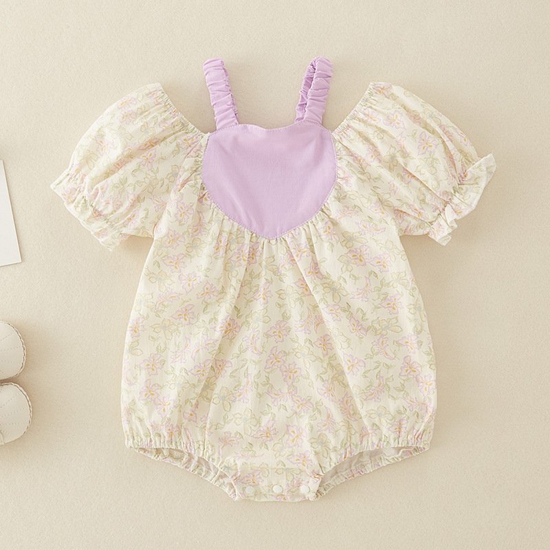 Wholesale 2024 Summer Baby Clothing Sweet Style Floral Halter Short Sleeve Cotton Baby Rompers