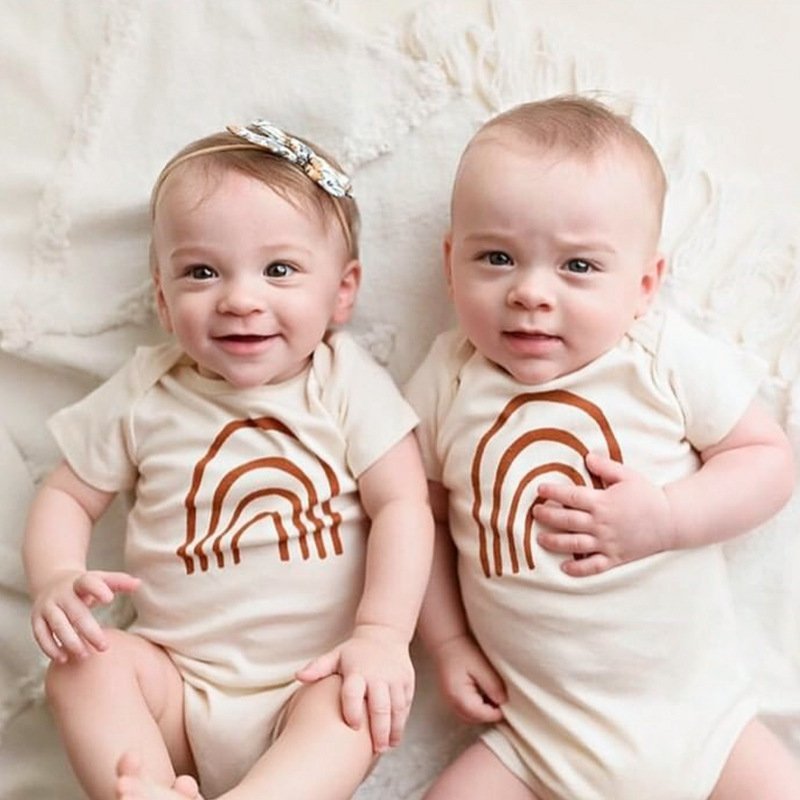 Summer Baby Cotton Short Sleeve Jumpsuit White Rainbow Print Rompers