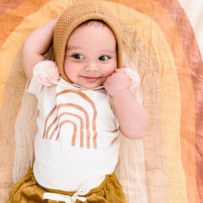 Summer Baby Cotton Short Sleeve Jumpsuit White Rainbow Print Rompers