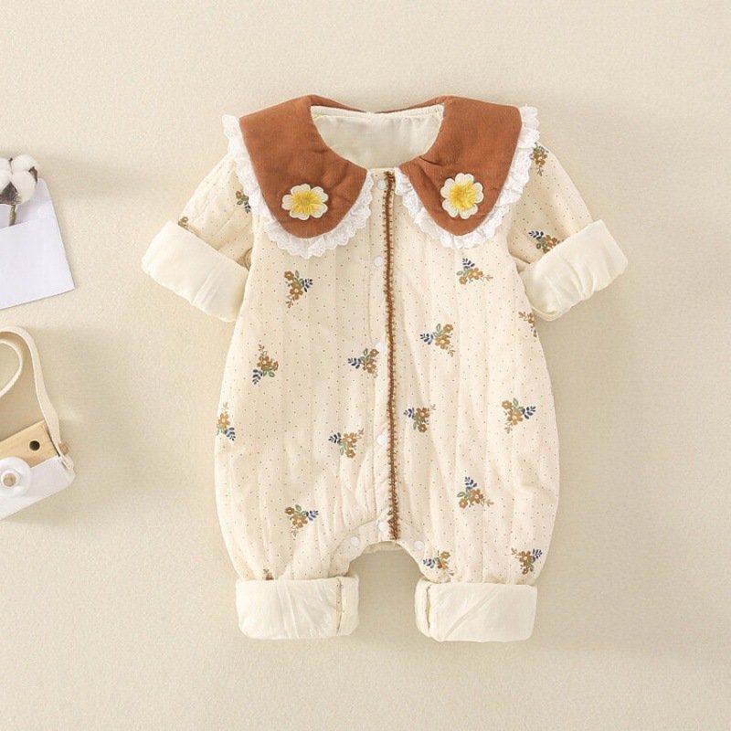 Wholesale 2024 Fall Baby Clothing Cute Floral Polka Dot Lapel Long Sleeve Cotton Baby Rompers