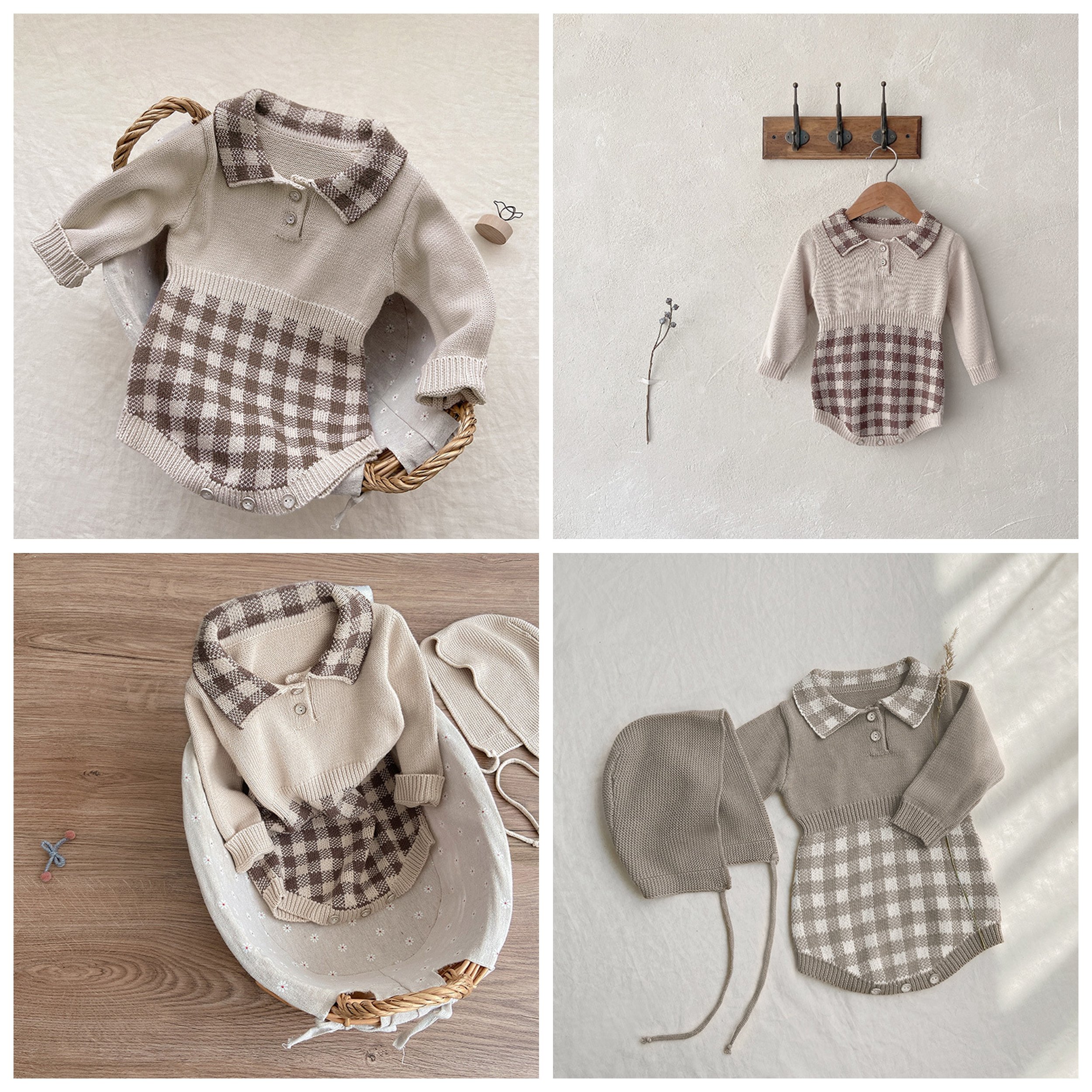 Newest ins Kids Cute Custom plaid lapel knit clothes Toddler Baby boys girls knitted Sweet Retro long sleeves bamboo baby romper