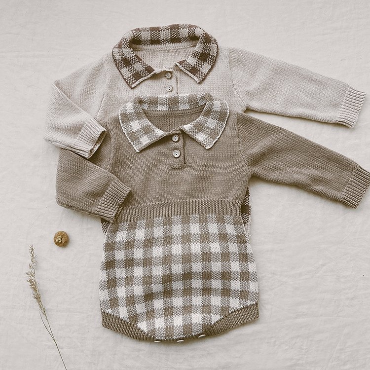 Newest ins Kids Cute Custom plaid lapel knit clothes Toddler Baby boys girls knitted Sweet Retro long sleeves bamboo baby romper