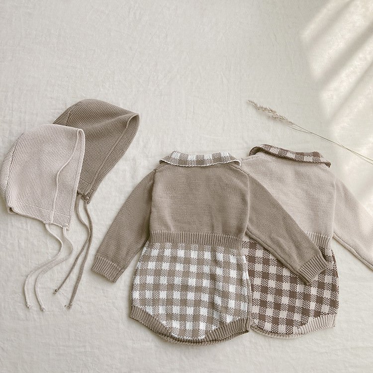 Newest ins Kids Cute Custom plaid lapel knit clothes Toddler Baby boys girls knitted Sweet Retro long sleeves bamboo baby romper
