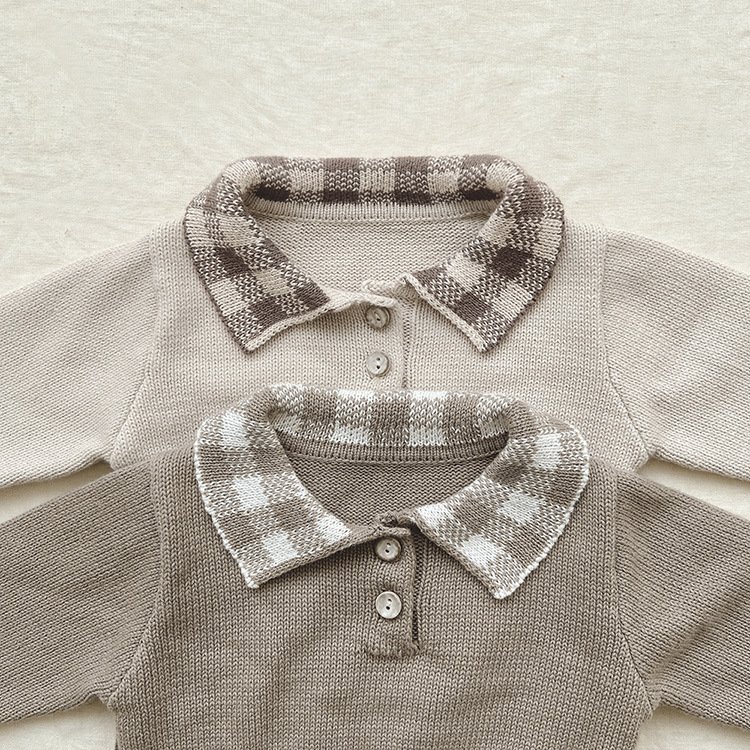 Newest ins Kids Cute Custom plaid lapel knit clothes Toddler Baby boys girls knitted Sweet Retro long sleeves bamboo baby romper