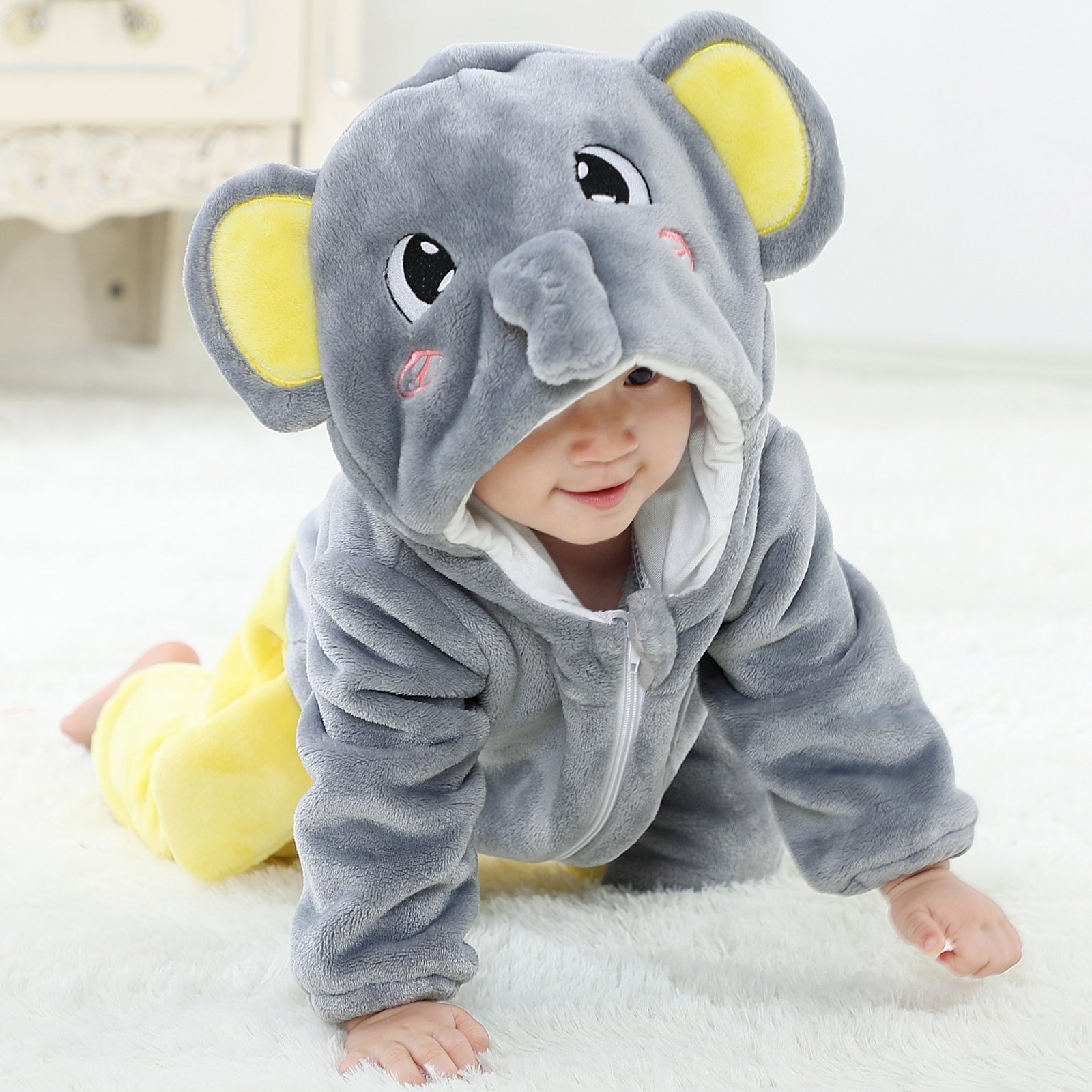 Michley 24M Infant Jumpsuits Girls Cartoon Elephant Flannel Rompers Long Sleeve Winter Baby Boys Onesie