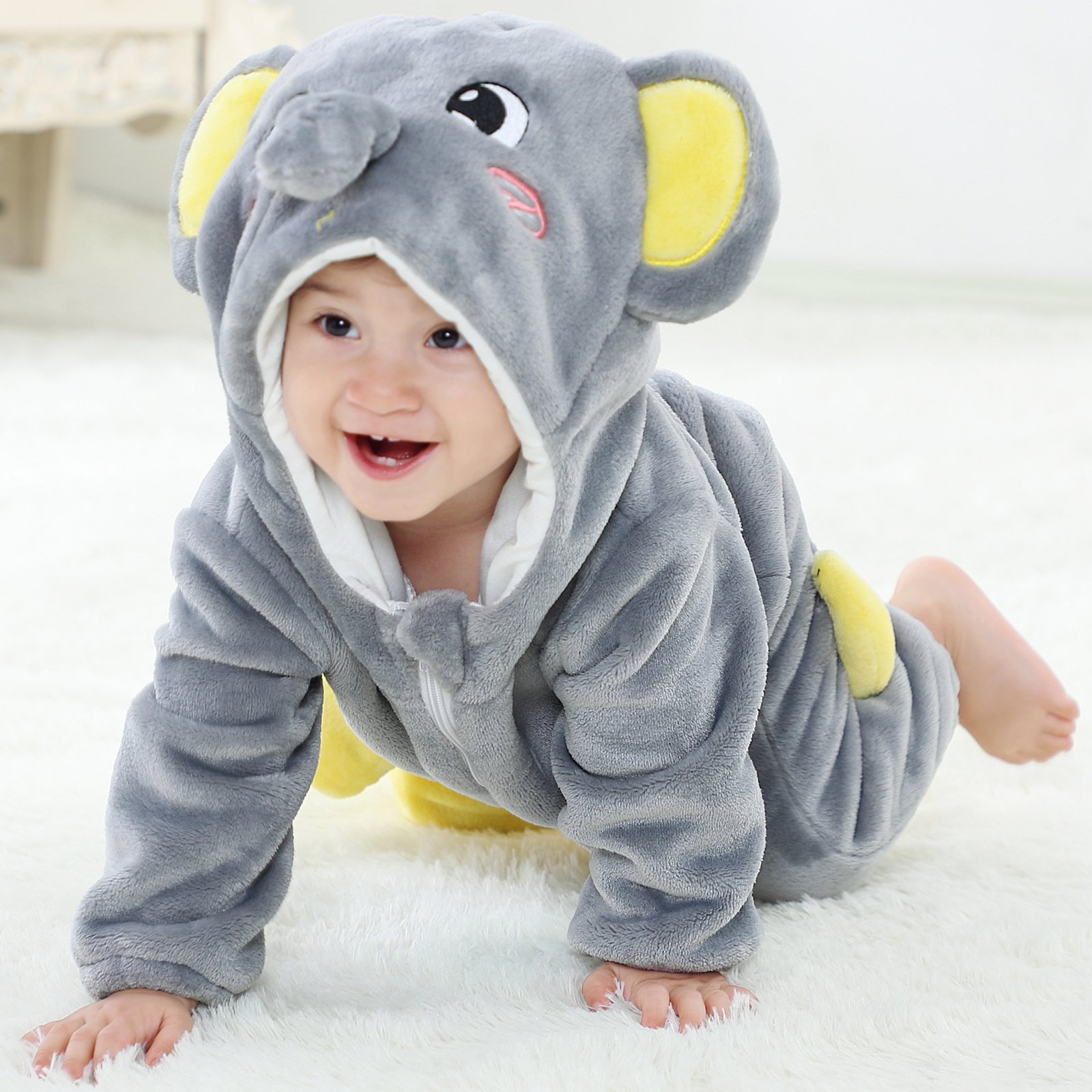 Michley 24M Infant Jumpsuits Girls Cartoon Elephant Flannel Rompers Long Sleeve Winter Baby Boys Onesie