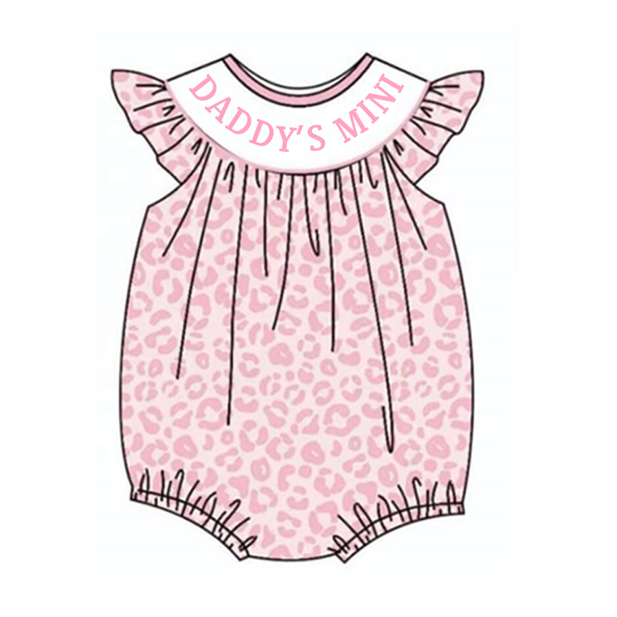 Infant Baby Girls Pink Leopard Smocked Embroidery Bubbles Romper Customized Kids Clothes Kids Smocked Clothing