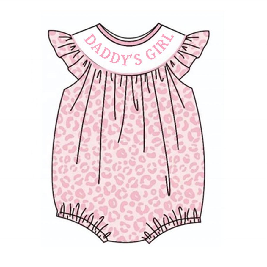 Infant Baby Girls Pink Leopard Smocked Embroidery Bubbles Romper Customized Kids Clothes Kids Smocked Clothing