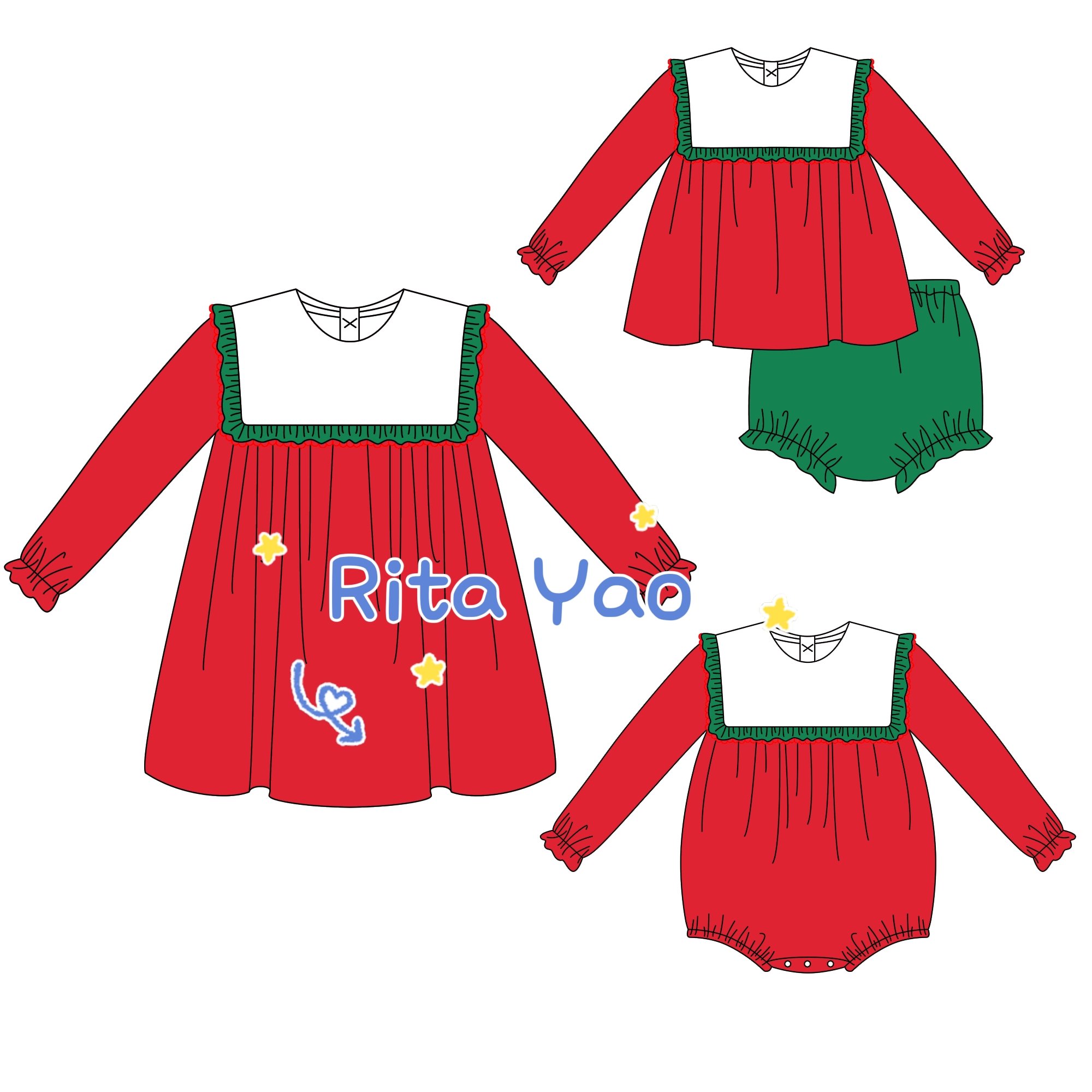 Boutique Christmas nutcracker print kids girl outfit set bib ruffle collar bubble matching dress infant toddler girl diaper set