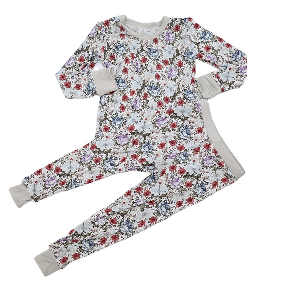 Qingli Oem High Quality Baby Waffle Clothing Long Sleeves Baby Pajamas Floral Printed Bamboo Outfit