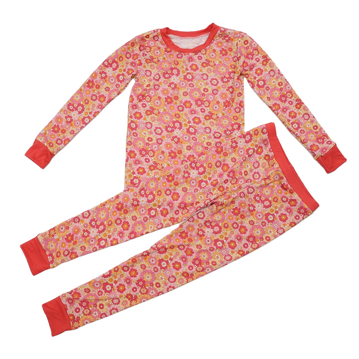 Qingli Oem High Quality Baby Waffle Clothing Long Sleeves Baby Pajamas Floral Printed Bamboo Outfit