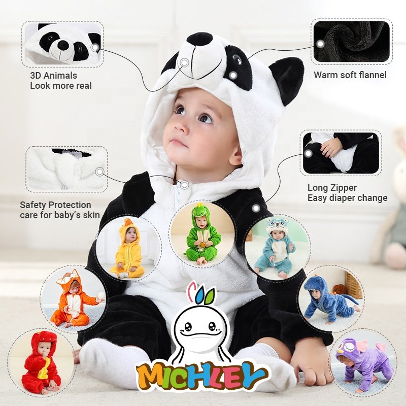 Michley Factory Price Children Flannel Rompers Baby's Hooded One-piece Clothes Animal Baby Costume