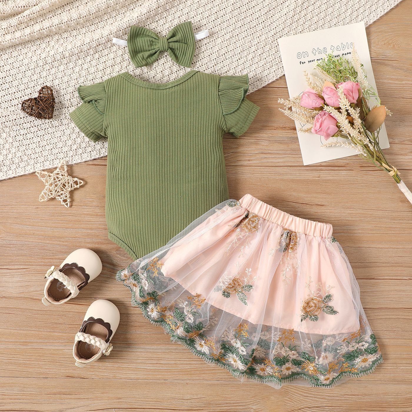 Hot sale Infant Baby Girls Summer Green Romper+Floral Skirts Newborn Sets Clothes