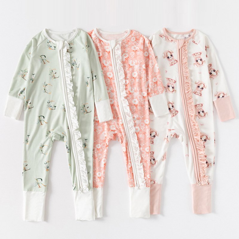 Custom Breathable Baby Clothes Printed Bamboo Pajamas Baby Long Sleeve Baby Rompers With Hair Band