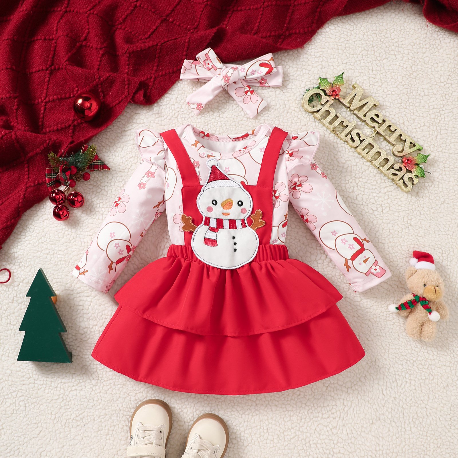 2024 New Autumn Baby Romper Set Girl Overall Dress Suit Floral Two-Piece Skirt in Cotton Sweet Style for Christmas Baby Girls