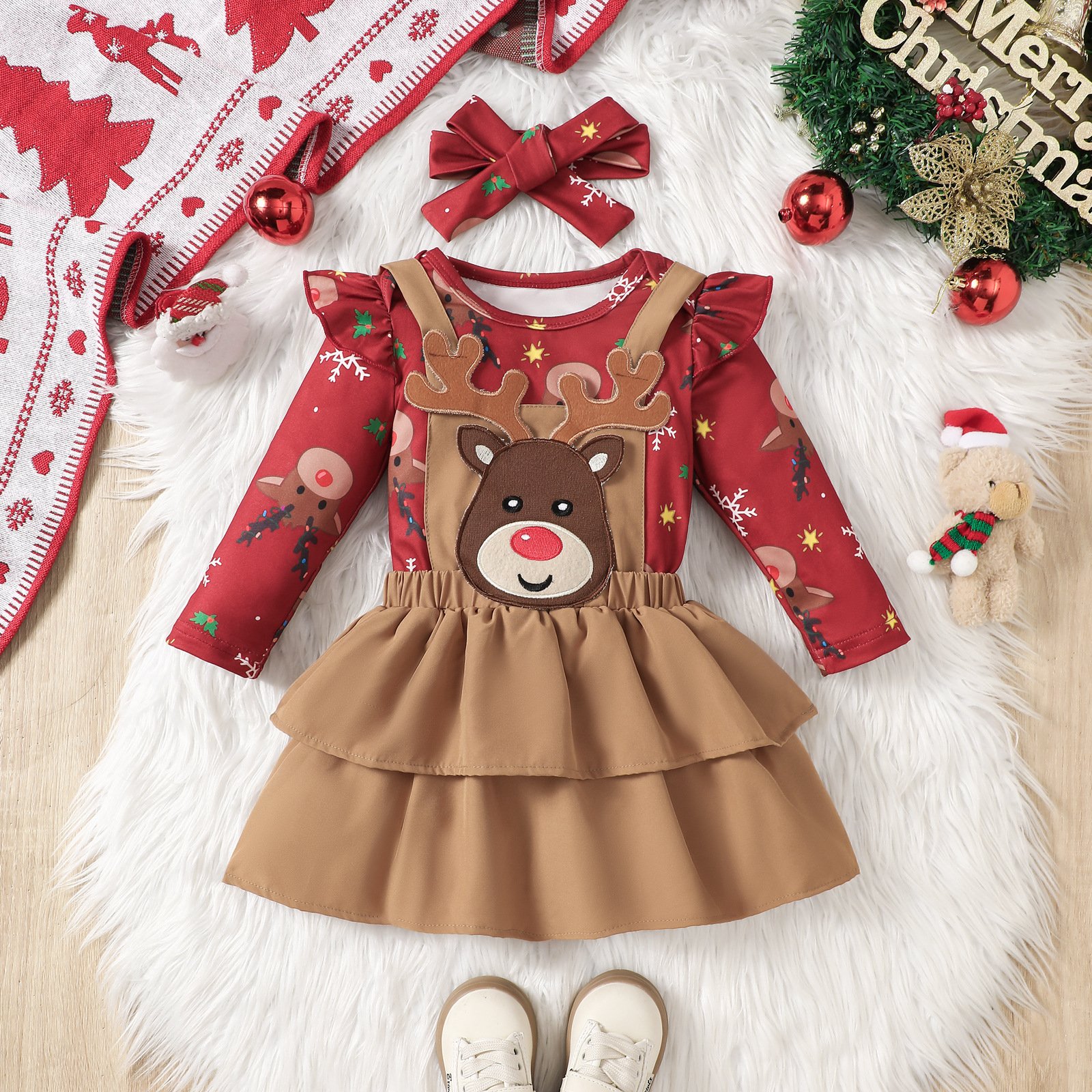 2024 New Autumn Baby Romper Set Girl Overall Dress Suit Floral Two-Piece Skirt in Cotton Sweet Style for Christmas Baby Girls