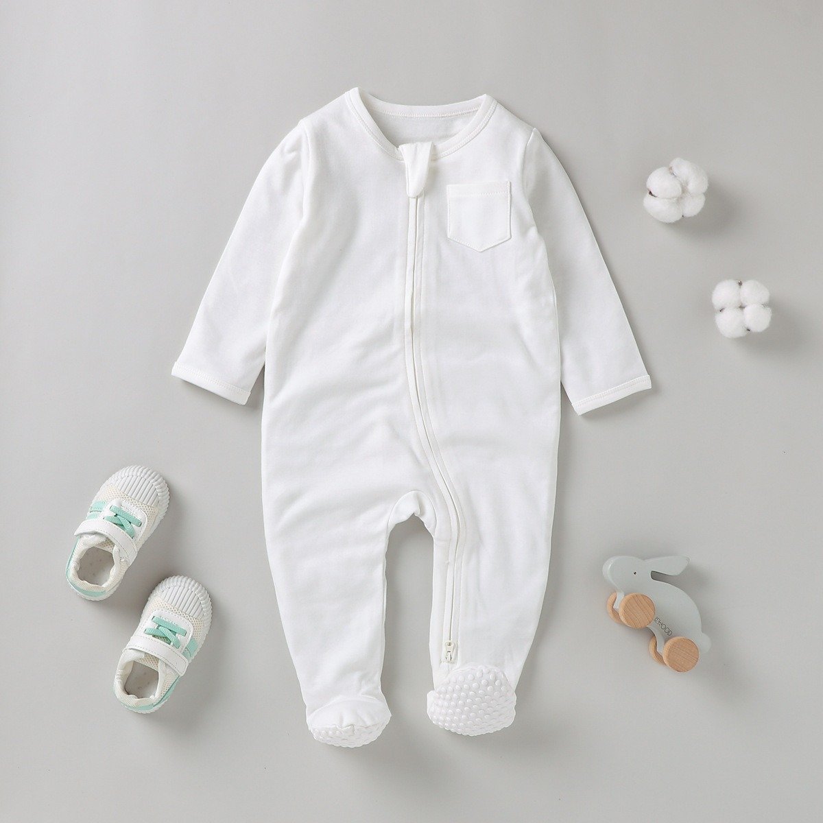 Anti-slip Long Sleeves Organic Cotton Infant Toddler Pajamas Jumpsuit Newborn Baby Footie Onesie Romper