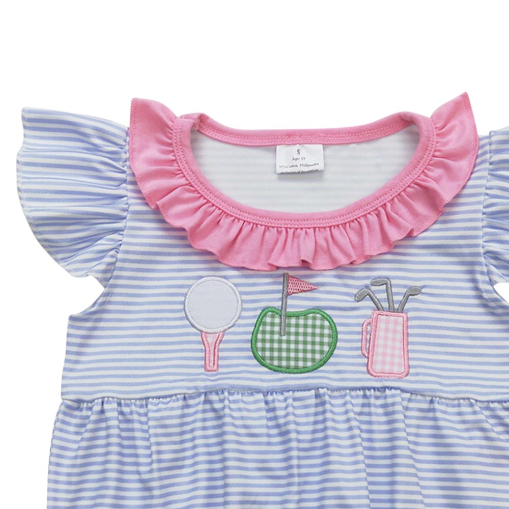 Girls clothe romper short flutter sleeves stripe embroidery golf wholesale baby girls romper boutique suit low price clothes