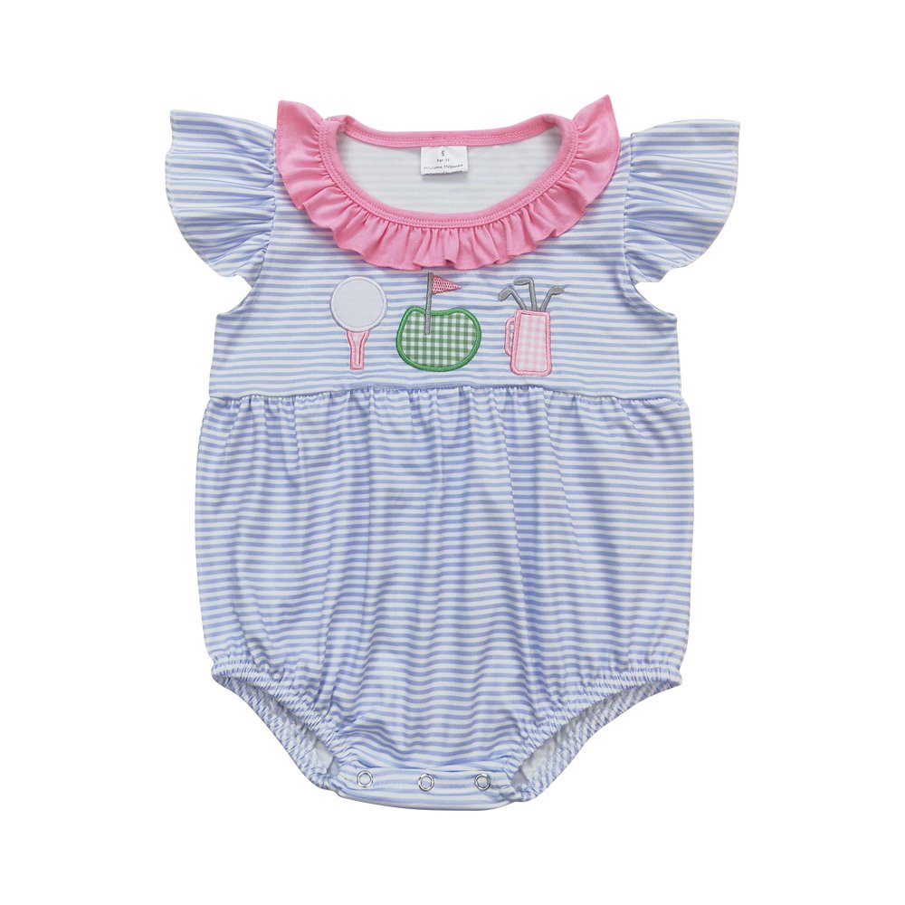 Girls clothe romper short flutter sleeves stripe embroidery golf wholesale baby girls romper boutique suit low price clothes