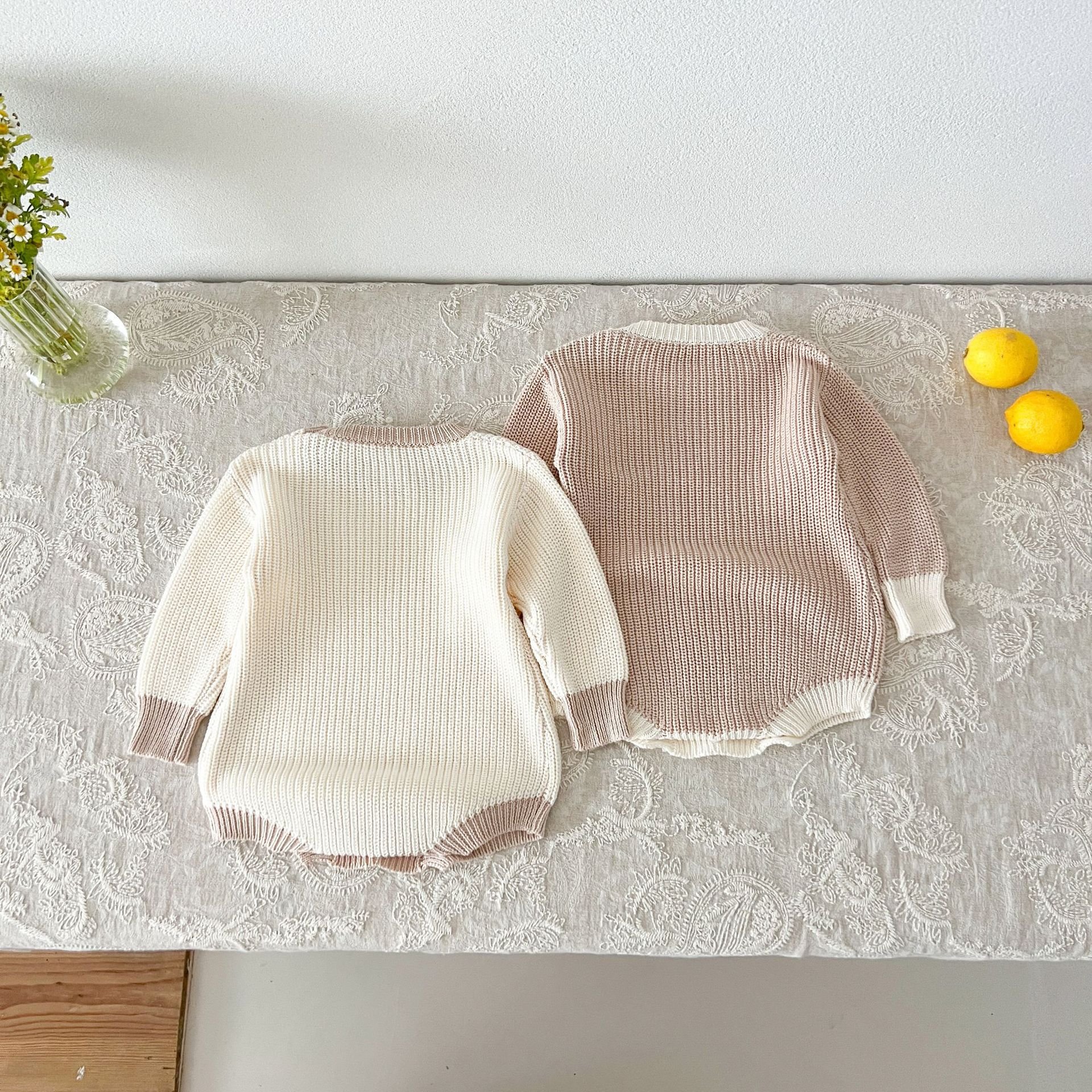 Boutique Spring Autumn Infant Toddler Cotton Knitted Solid Long Sleeved Sweater Baby Rompers