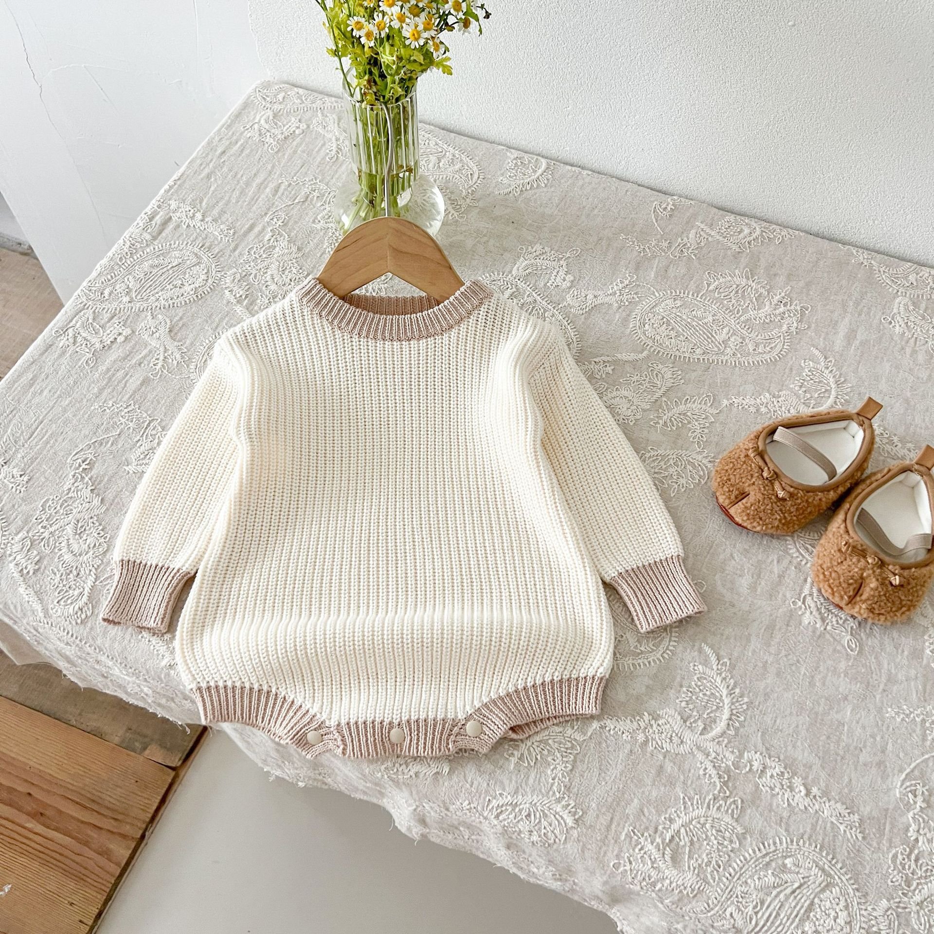 Boutique Spring Autumn Infant Toddler Cotton Knitted Solid Long Sleeved Sweater Baby Rompers