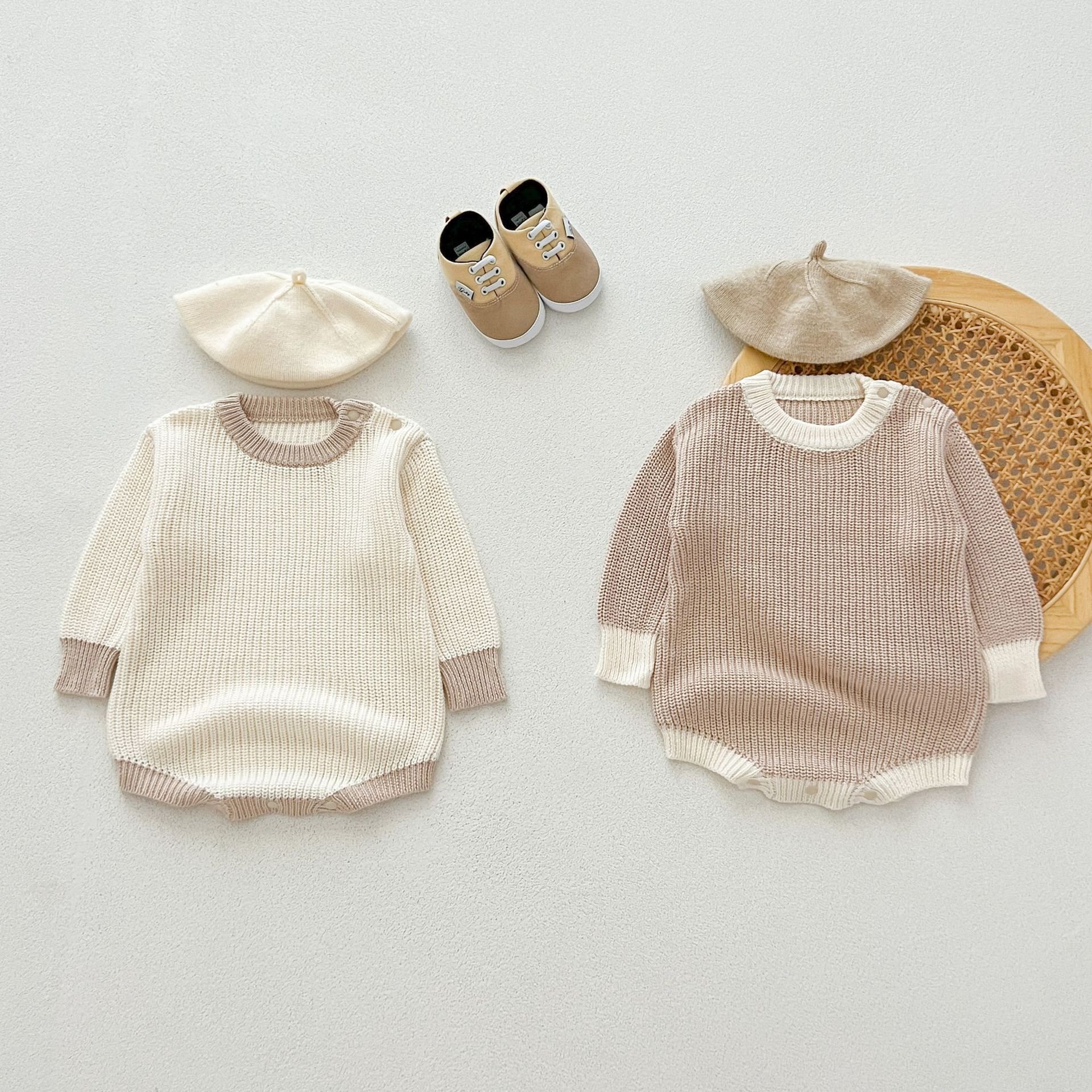 Boutique Spring Autumn Infant Toddler Cotton Knitted Solid Long Sleeved Sweater Baby Rompers