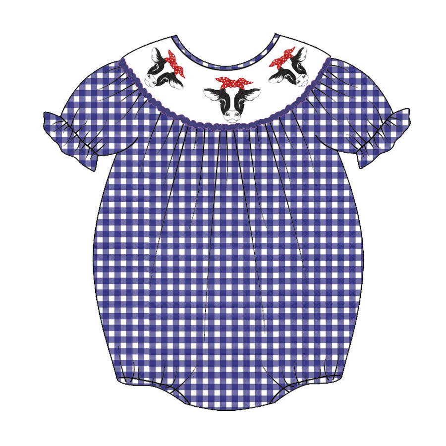 Infant Baby Girls Summer Fall Blue White Plaid Smocked Farm Embroidery Cotton Romper Customized Kids Clothes Smocked Clothing