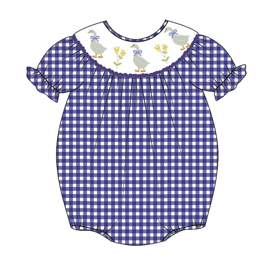 Infant Baby Girls Summer Fall Blue White Plaid Smocked Farm Embroidery Cotton Romper Customized Kids Clothes Smocked Clothing
