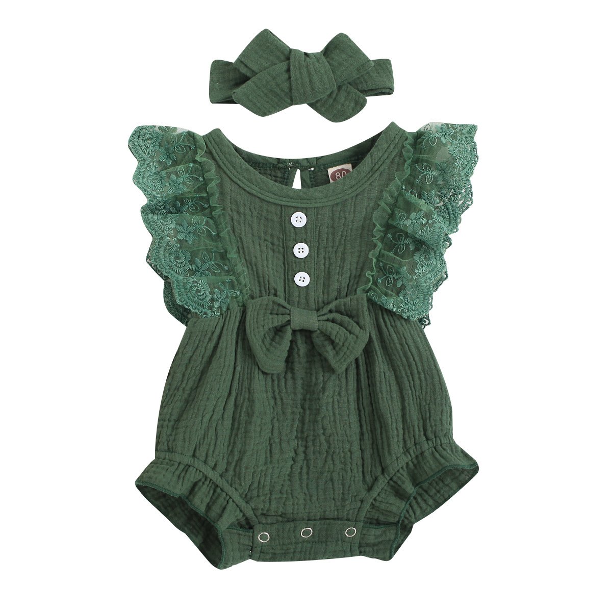 Summer soft solid muslin lace sleeves touch romper girl baby romper flounce ruffle folds feet jumpsuit with cute bow