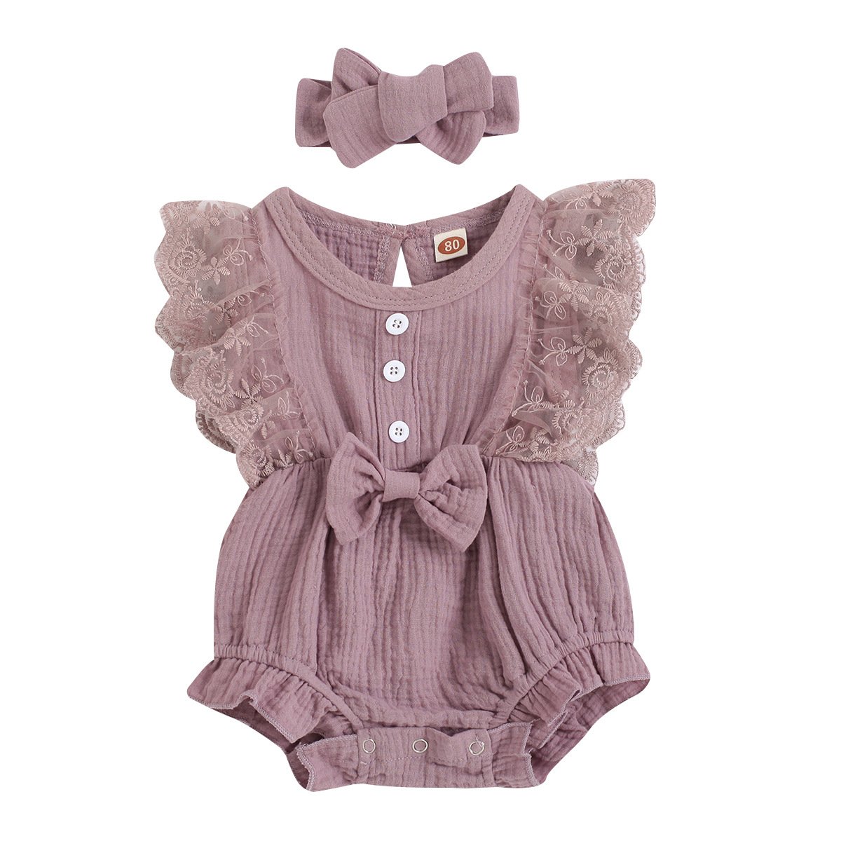 Summer soft solid muslin lace sleeves touch romper girl baby romper flounce ruffle folds feet jumpsuit with cute bow