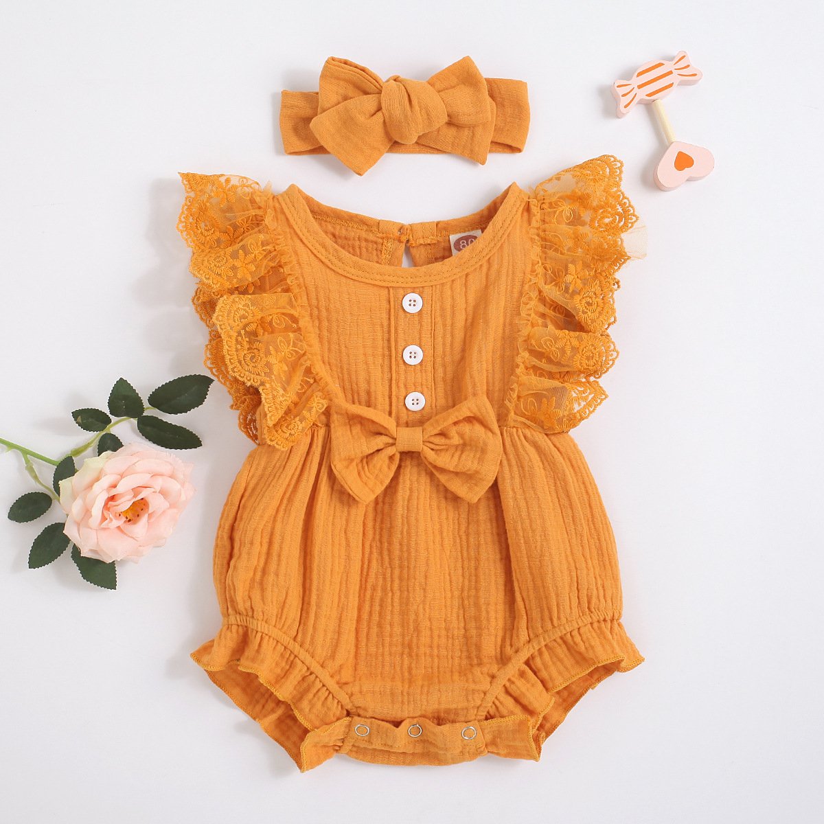 Summer soft solid muslin lace sleeves touch romper girl baby romper flounce ruffle folds feet jumpsuit with cute bow