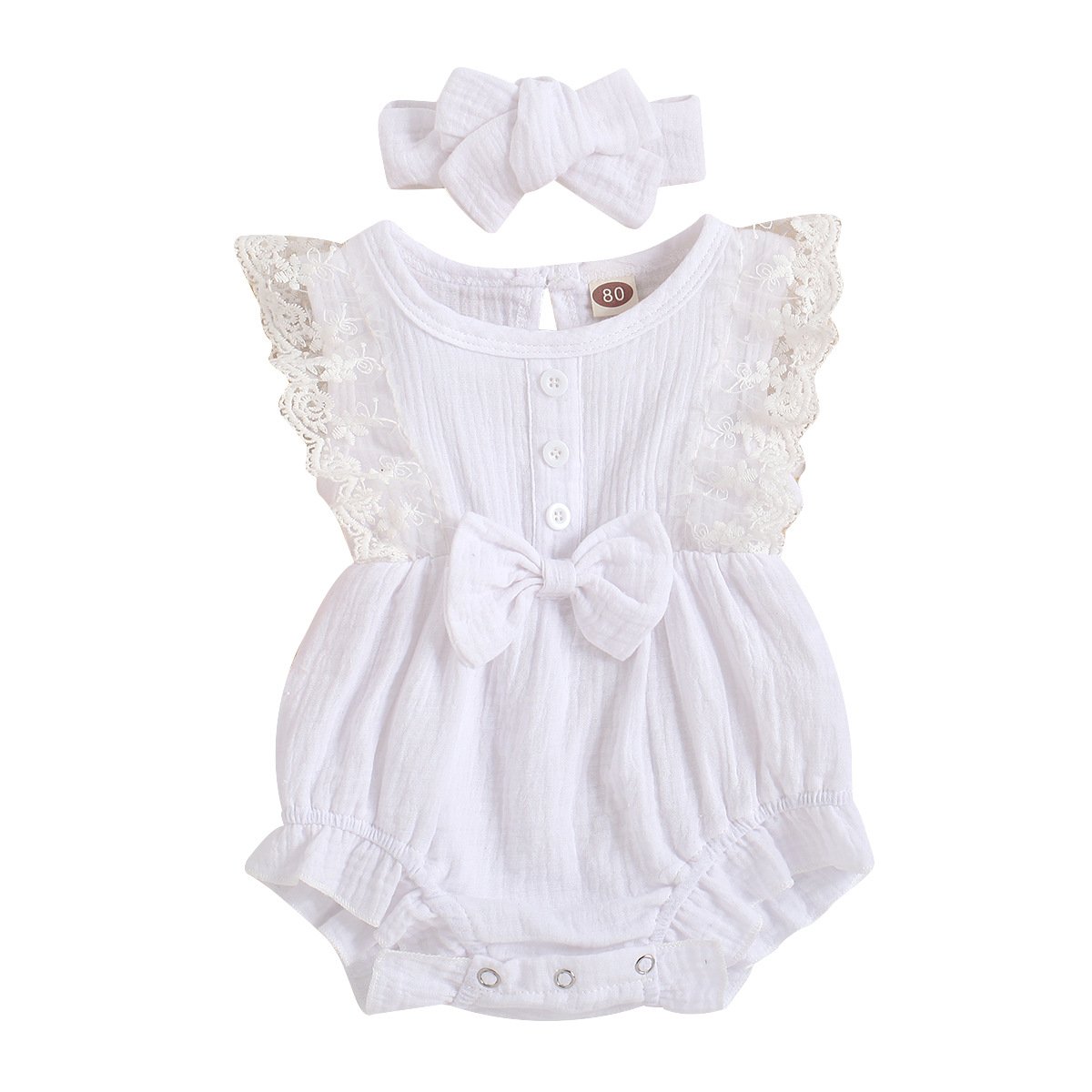 Summer soft solid muslin lace sleeves touch romper girl baby romper flounce ruffle folds feet jumpsuit with cute bow