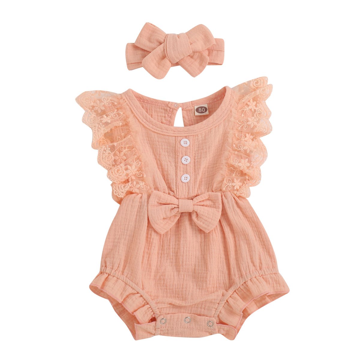 Summer soft solid muslin lace sleeves touch romper girl baby romper flounce ruffle folds feet jumpsuit with cute bow