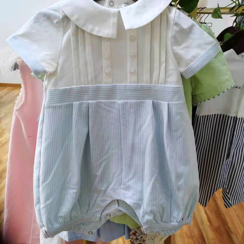 OEM Summer Spanish 100% Cotton Clothing Baby Boy Boutique Jumpsuit Newborn Short Sleeve Boys Bubble Romper New Born Baby Clothes