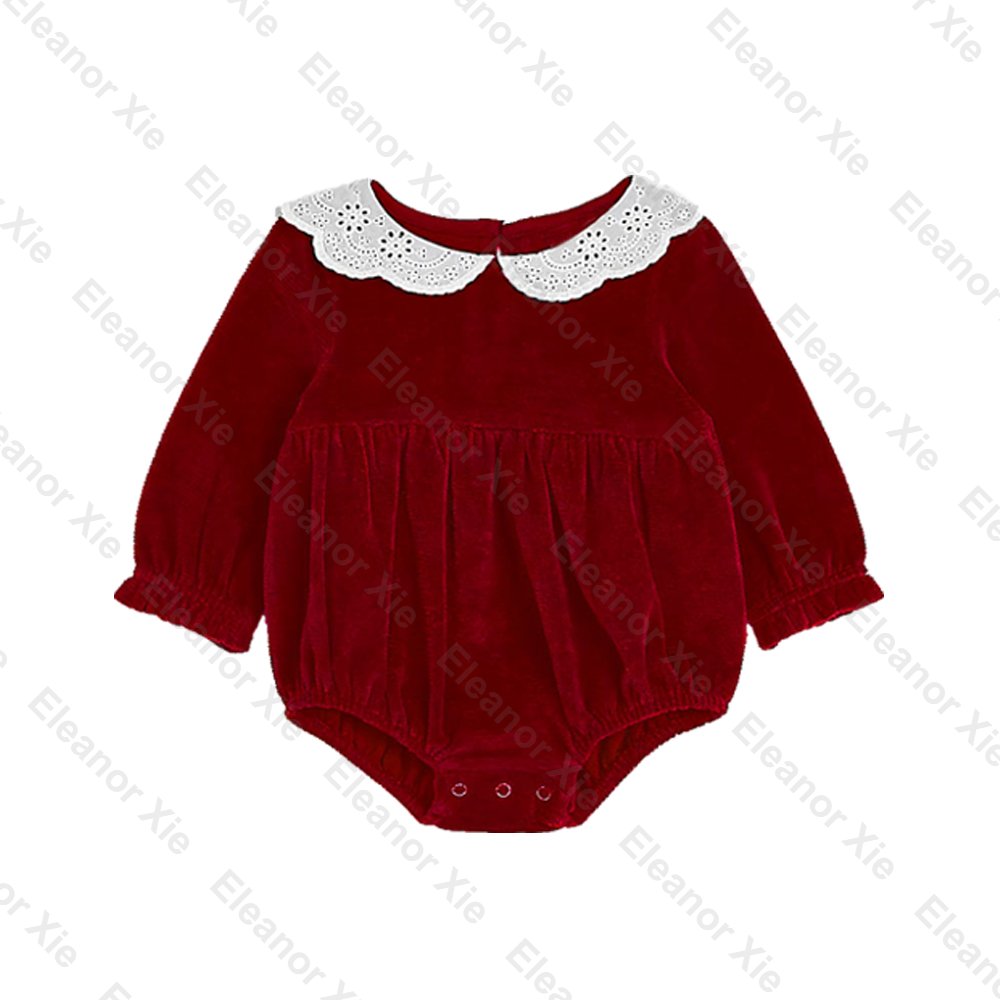 Xmas velvet long sleeve baby clothing lace collar toddler infant girls bubble rompers for babies